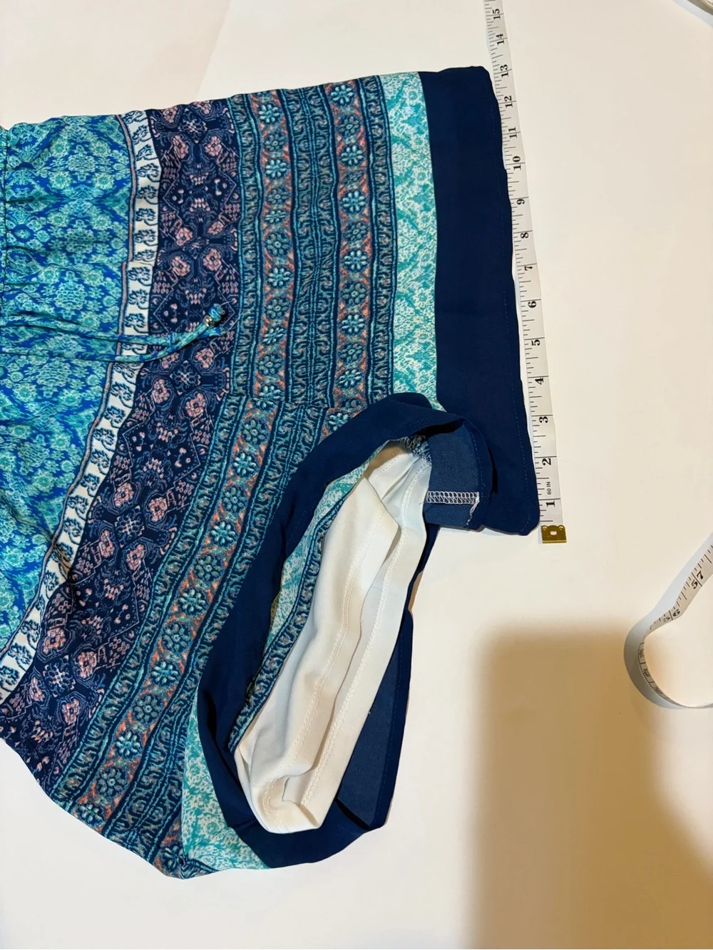 Speechless XL Blue Turquoise Boho Print Romper Tassel Layered Sleeveless